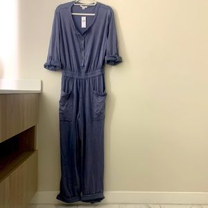 Blue American Eagle Button-Up Jumpsuit with Pockets